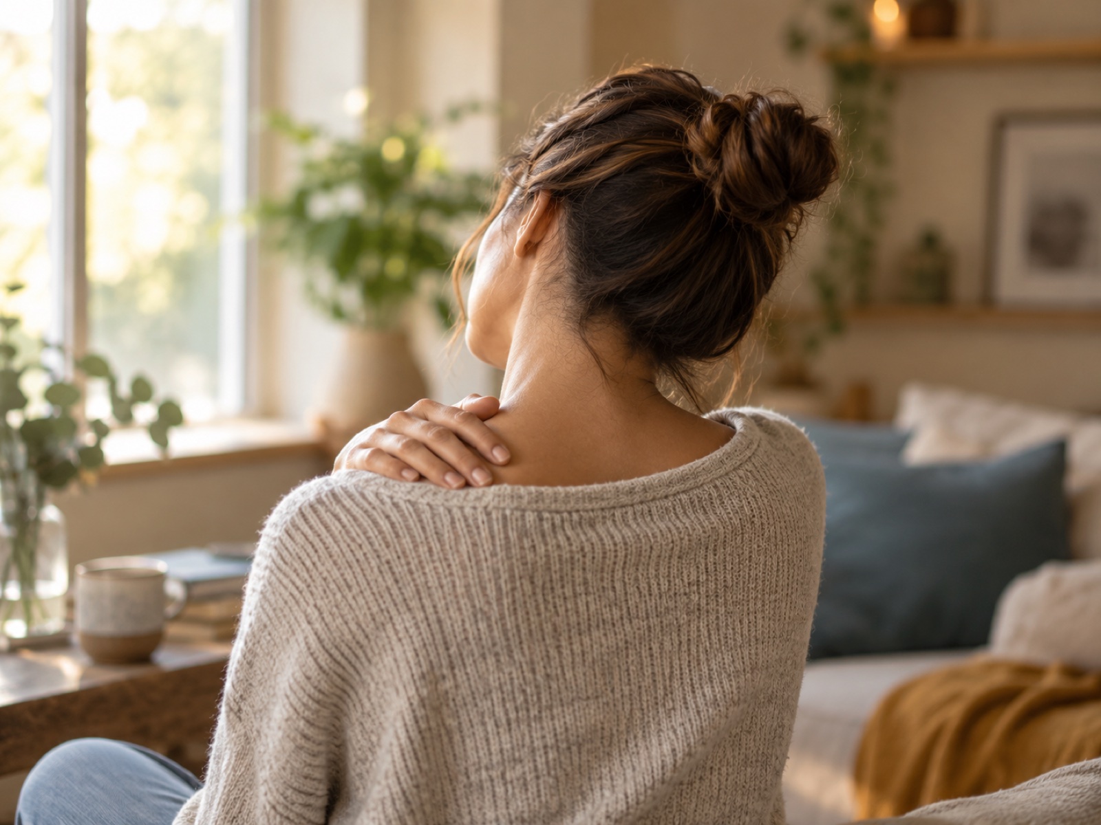 A person gently tilting their head to one side with a hand resting on their shoulder, soft light.