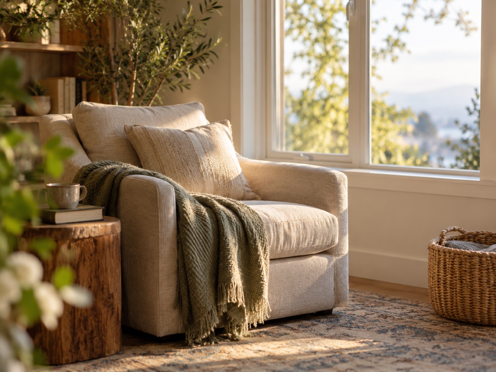 A quiet, sunlit room with a single calm chair by a window, warm and still.