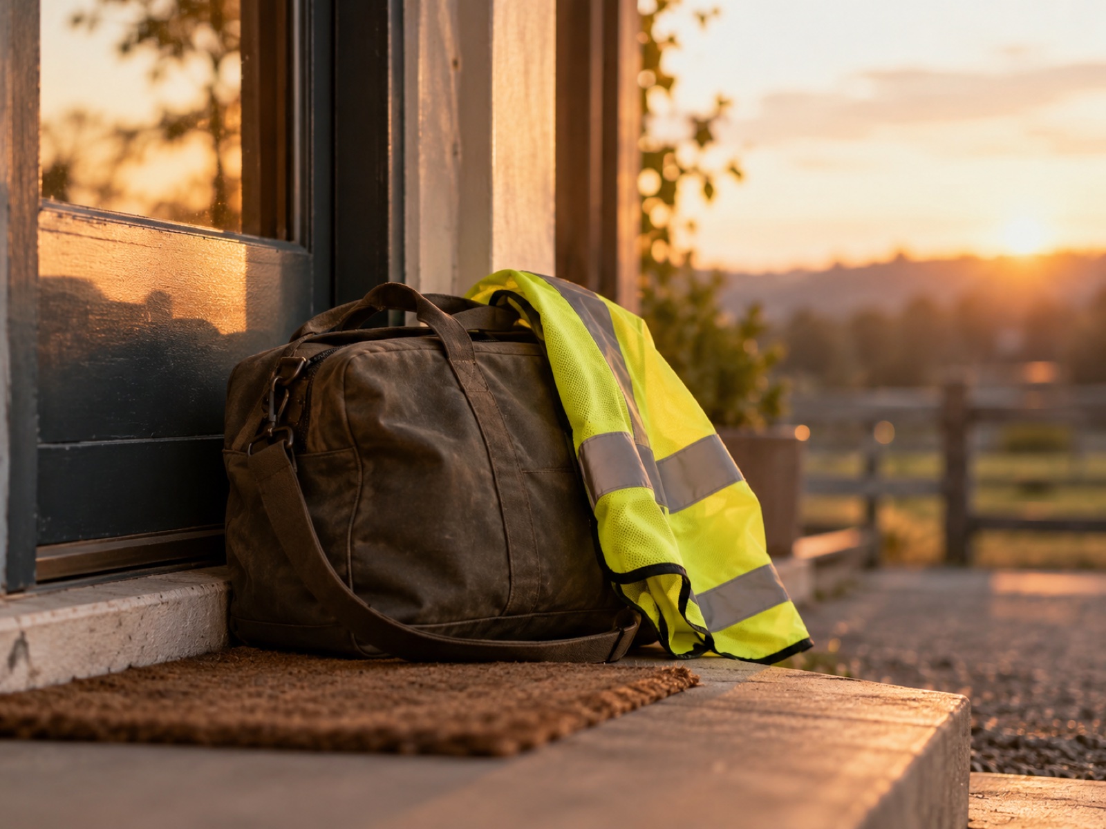 A work bag and reflective vest resting by a doorway in warm evening light after a shift.