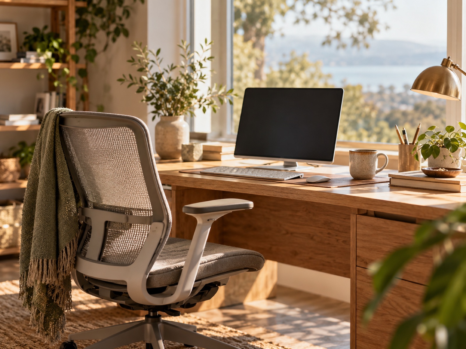 An empty office chair at a tidy, sunlit desk, calm and orderly.