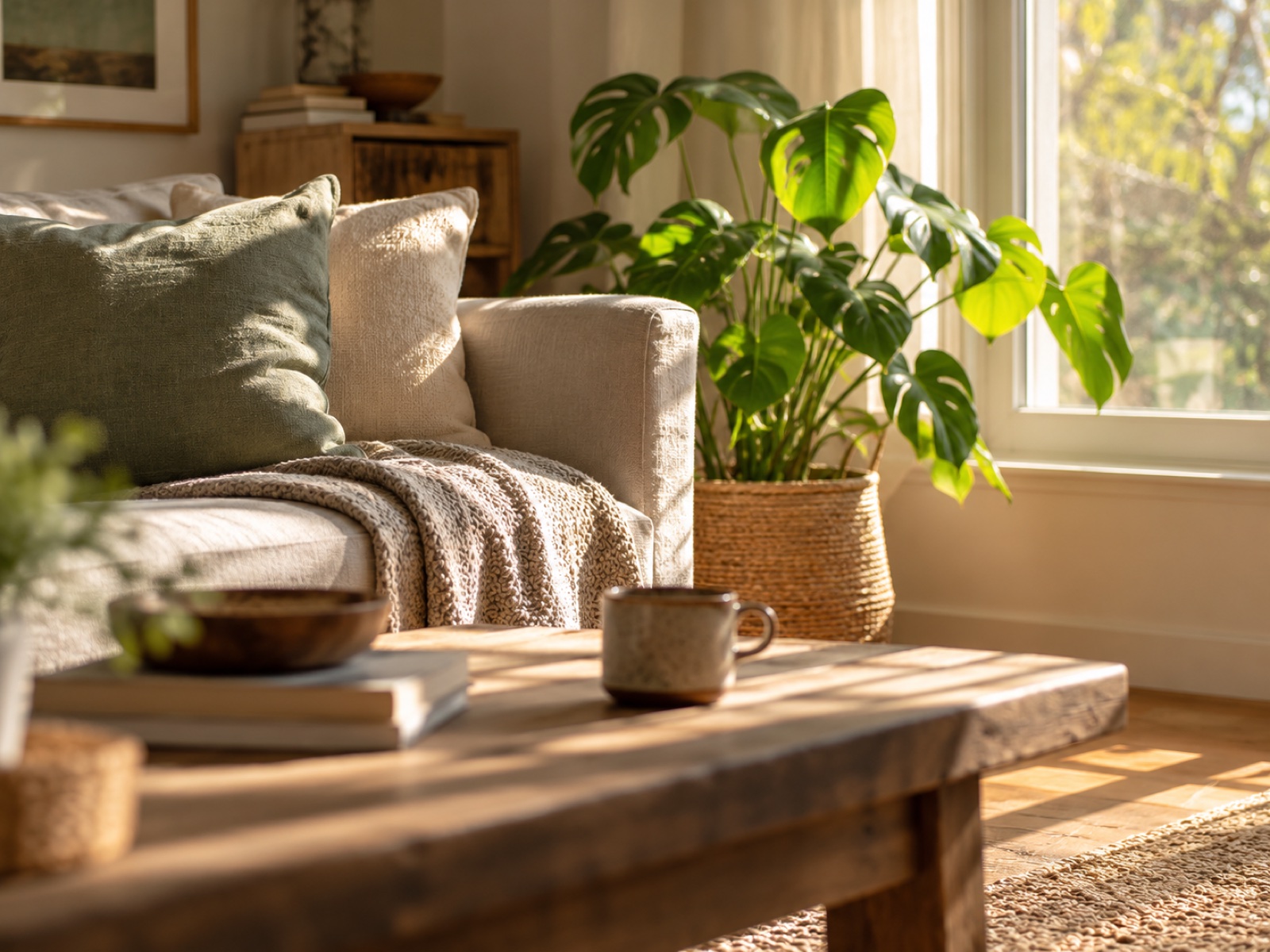 Soft afternoon light falling across a quiet room with a single green plant by the window.