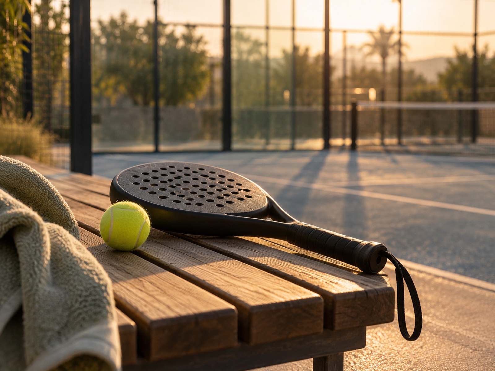 A padel racket and ball resting on a court-side bench in warm evening light.