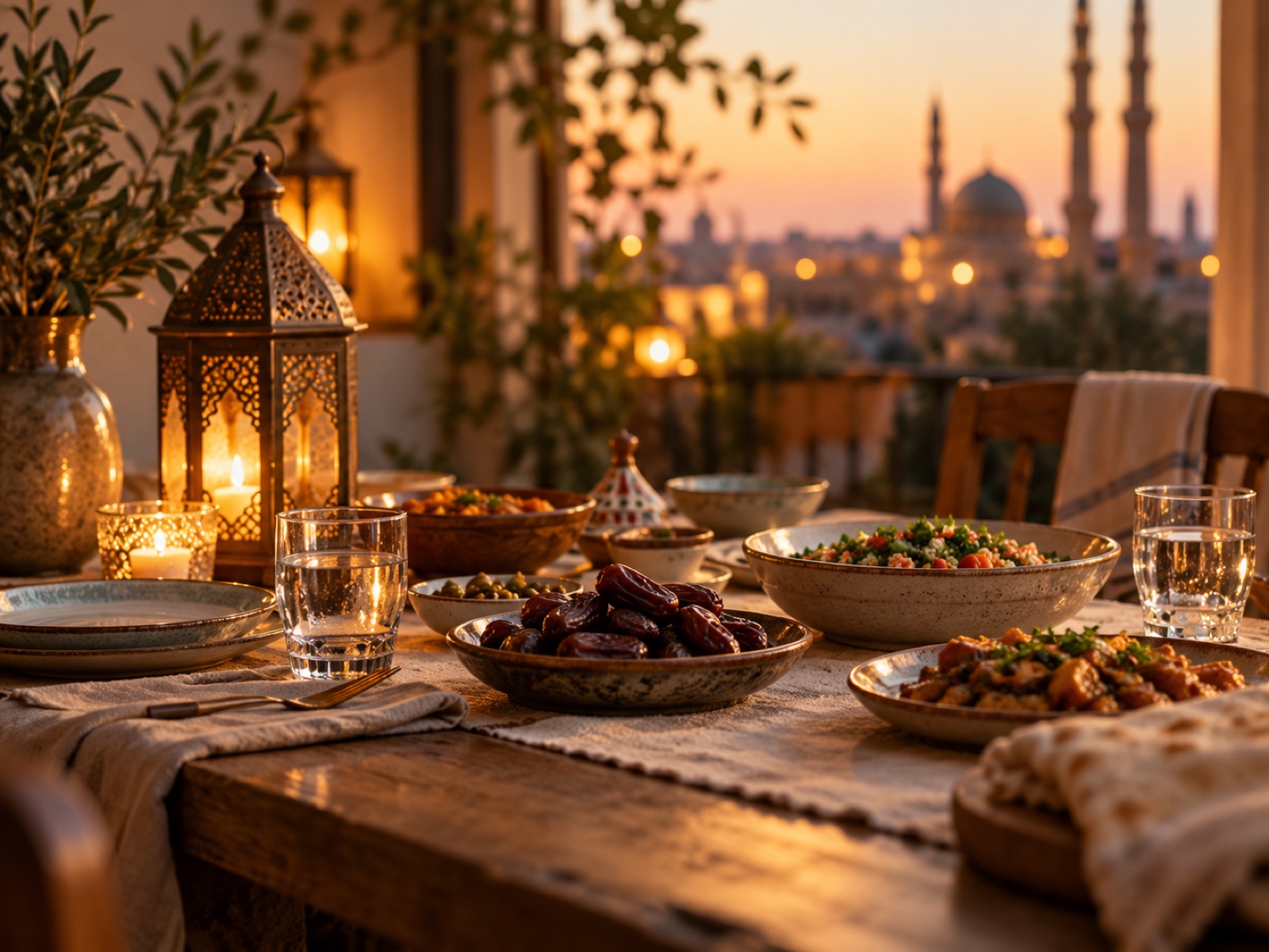 A simple table set for iftar at dusk, warm lamplight, calm and quiet.