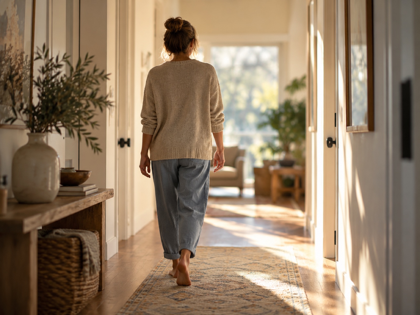 A person walking slowly down a sunlit hallway at home, calm and steady, seen from behind.