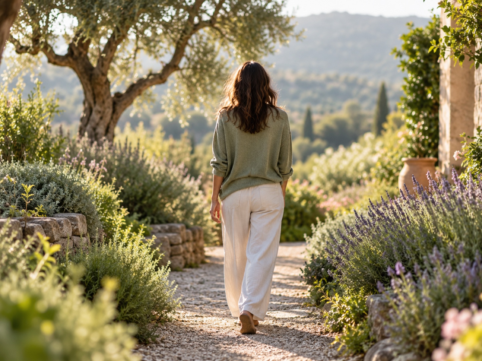 A person walking slowly through a sunlit garden, steady pace, seen from behind.