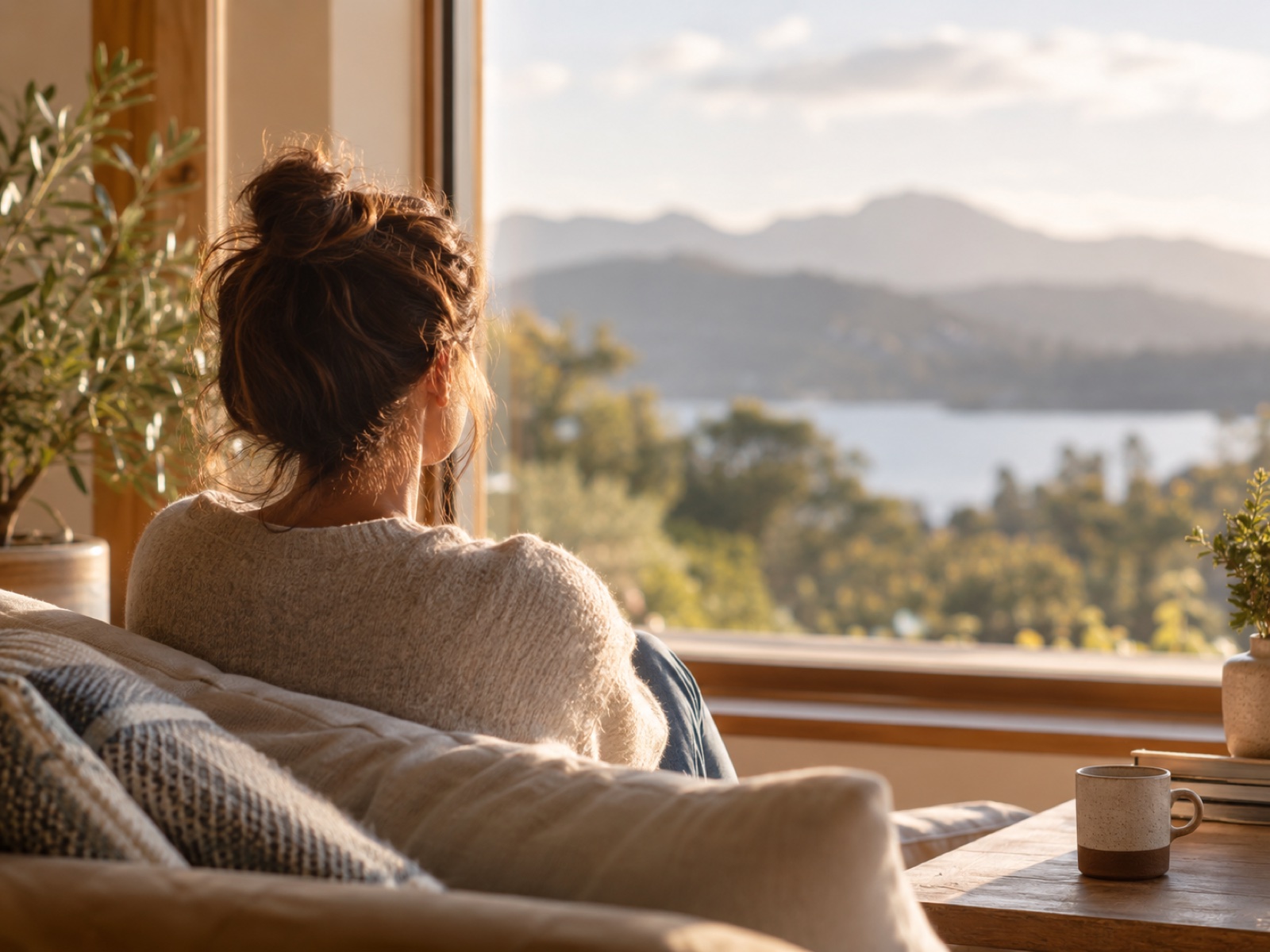 A person looking thoughtfully out of a sunlit window, calm and reflective.