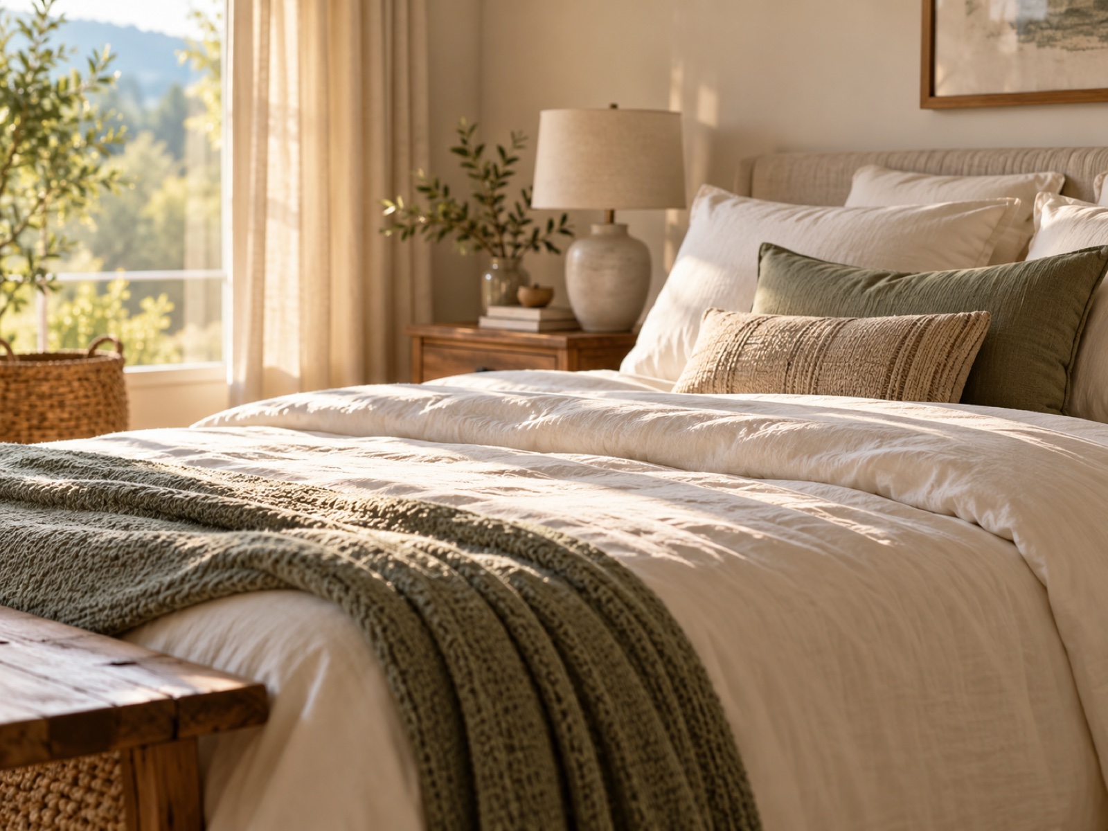 A neatly made bed with crisp linen in soft morning light.