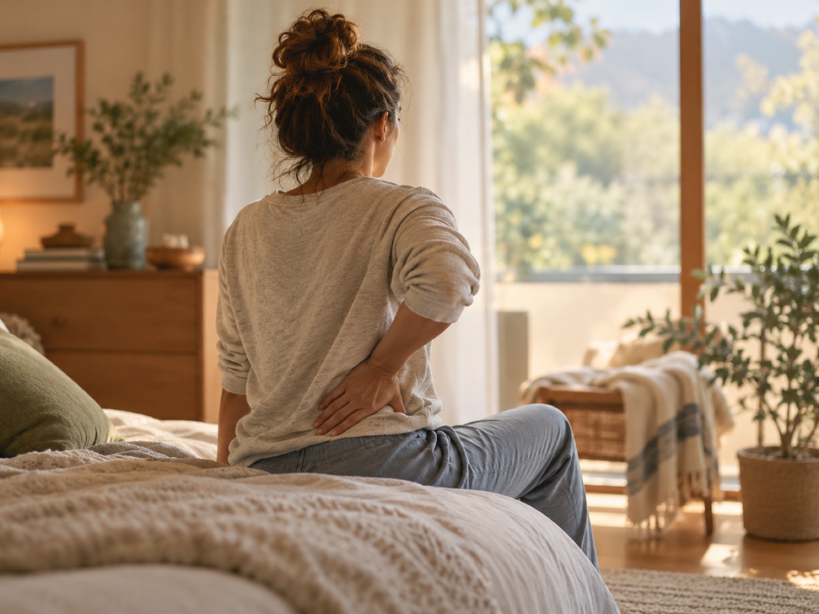 A person sitting on the edge of a bed with a hand resting gently at the base of their back.