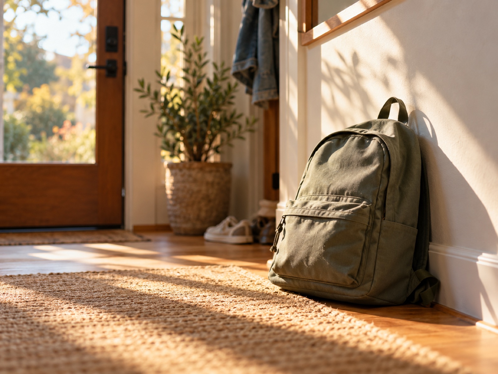 A school backpack resting against a sunlit wall by the front door, warm afternoon light.