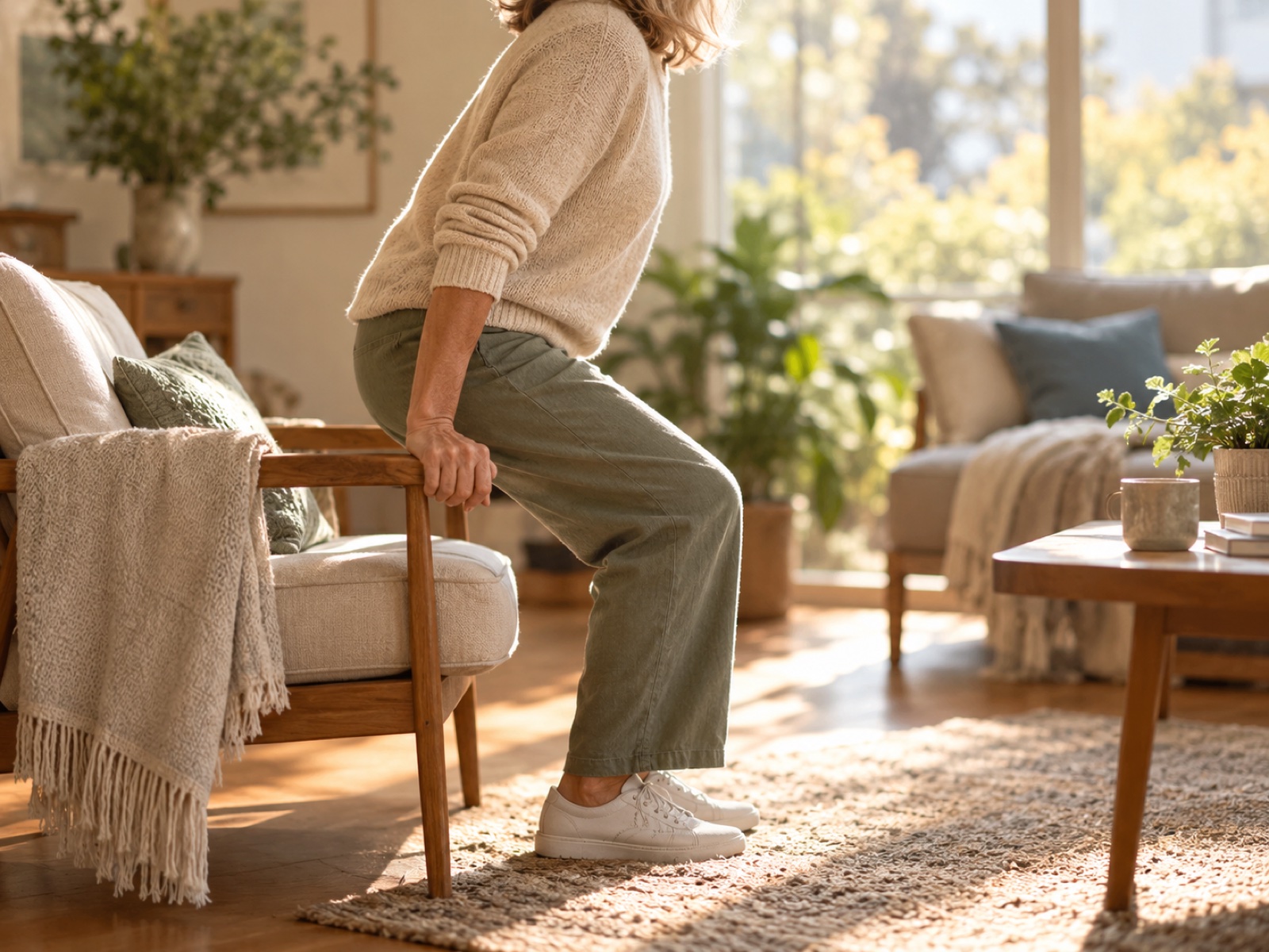 A person standing up carefully from a chair in a sunlit room, calm and steady.