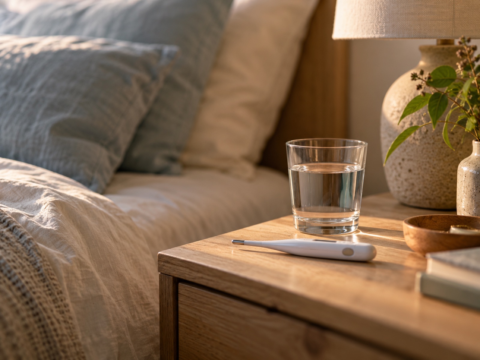 A thermometer and a glass of water resting on a nightstand in soft light, calm and attentive.