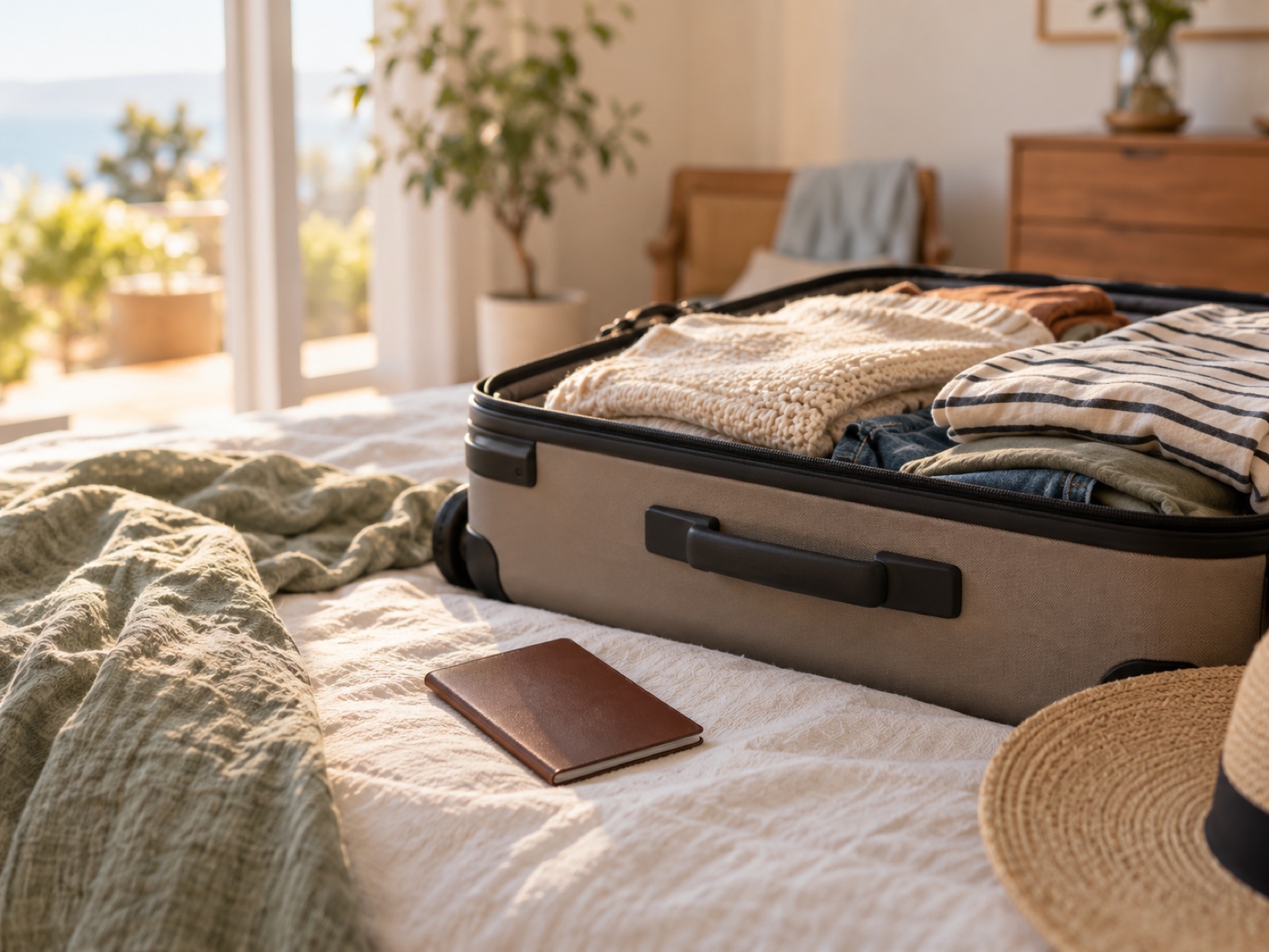 A packed suitcase and passport resting on a bed in soft morning light.