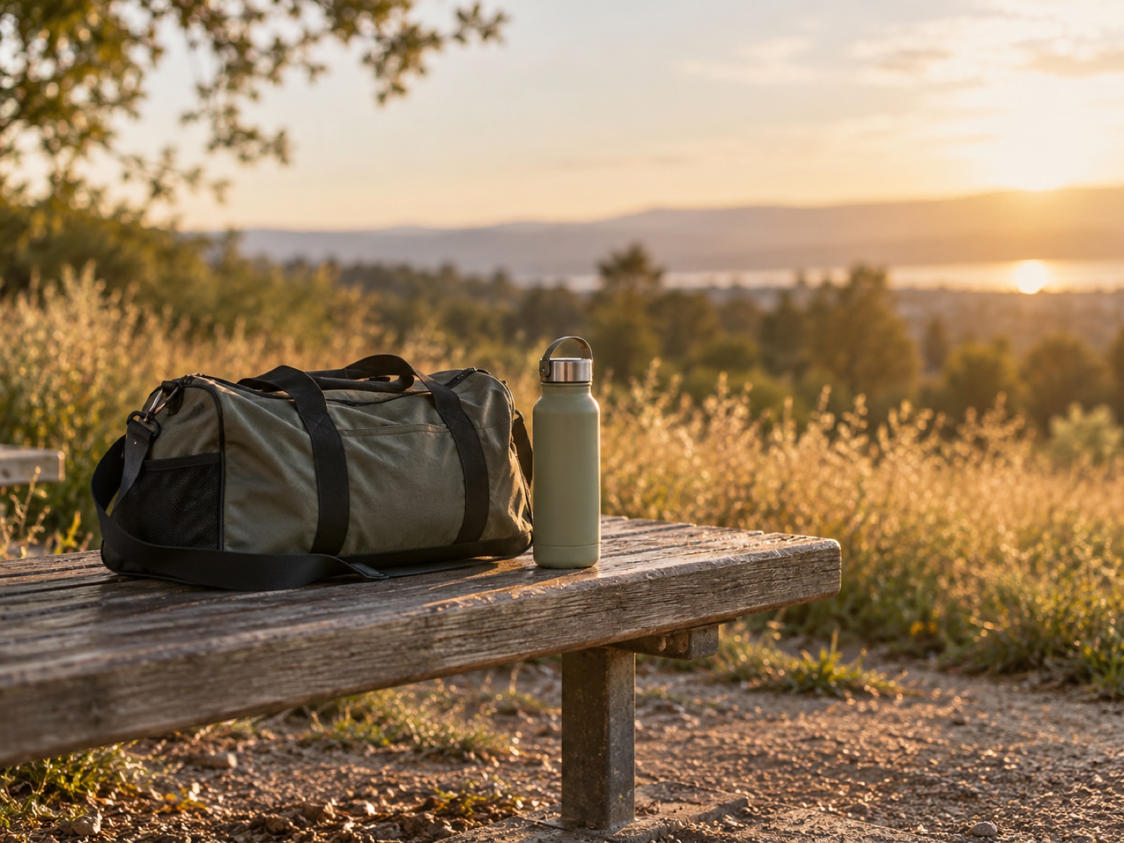 A sports bag and water bottle resting on a bench beside a sunlit field.