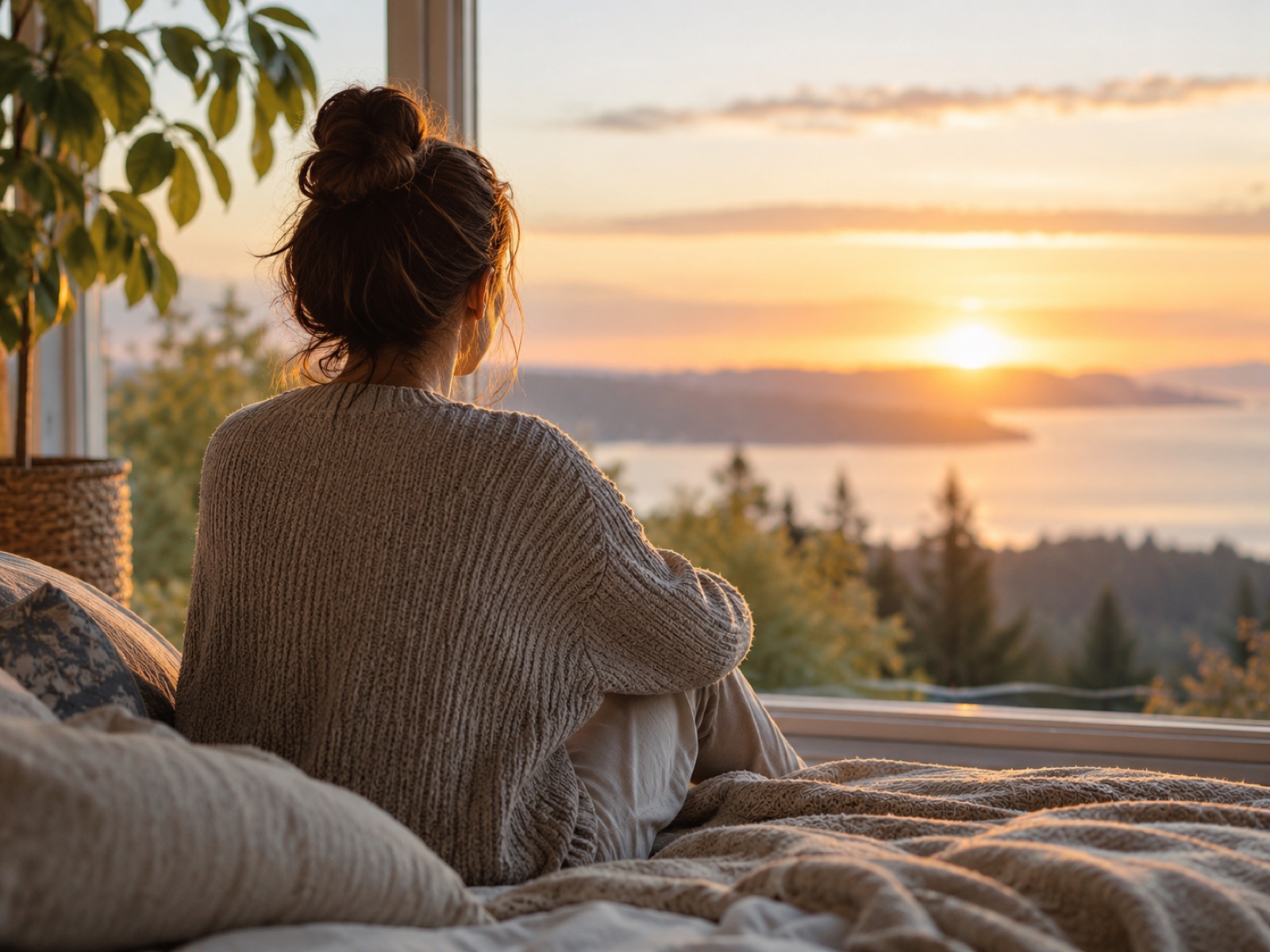 A person looking out of a window at a soft sunrise, calm and thoughtful.