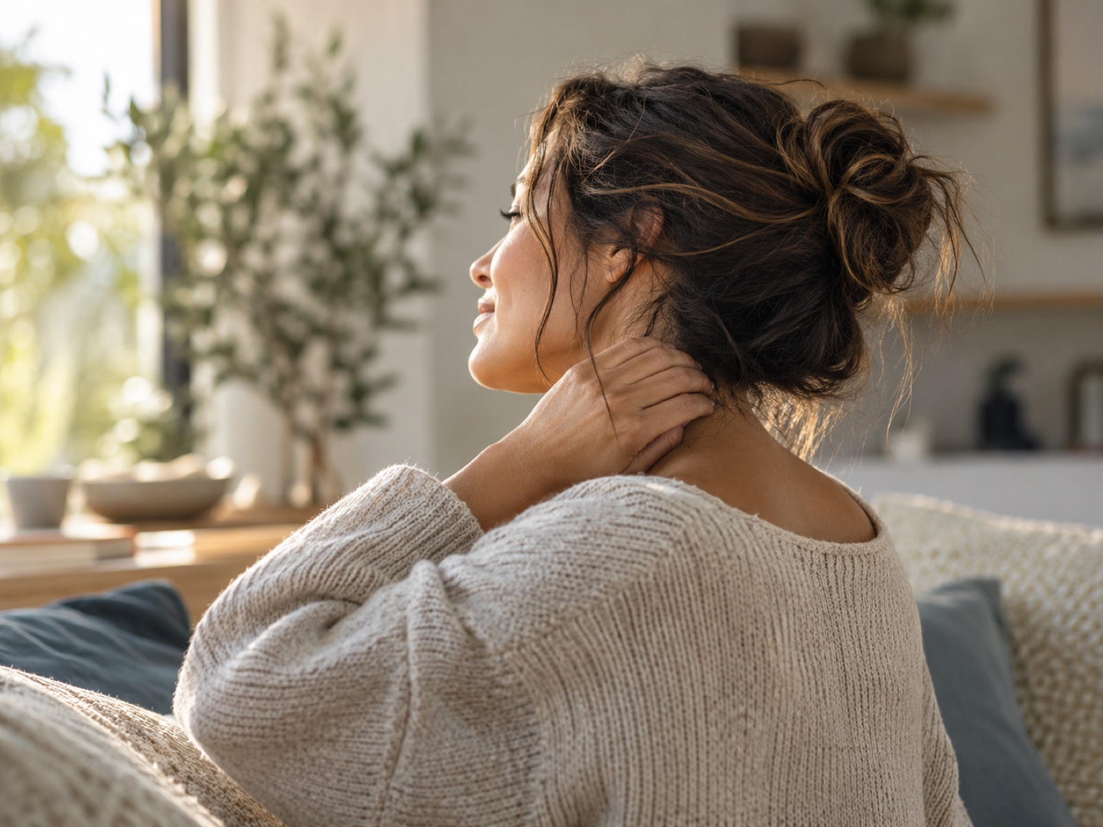A person gently turning their head to one side with a hand near their neck, soft light.