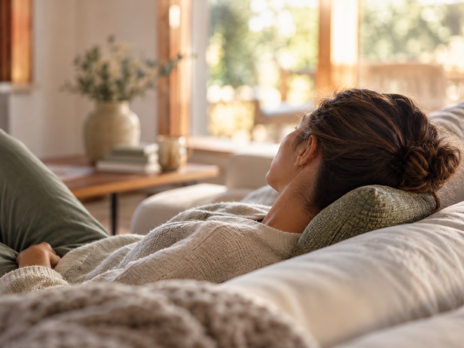 A person resting on a sofa with a small supportive pillow under the neck, soft afternoon light.