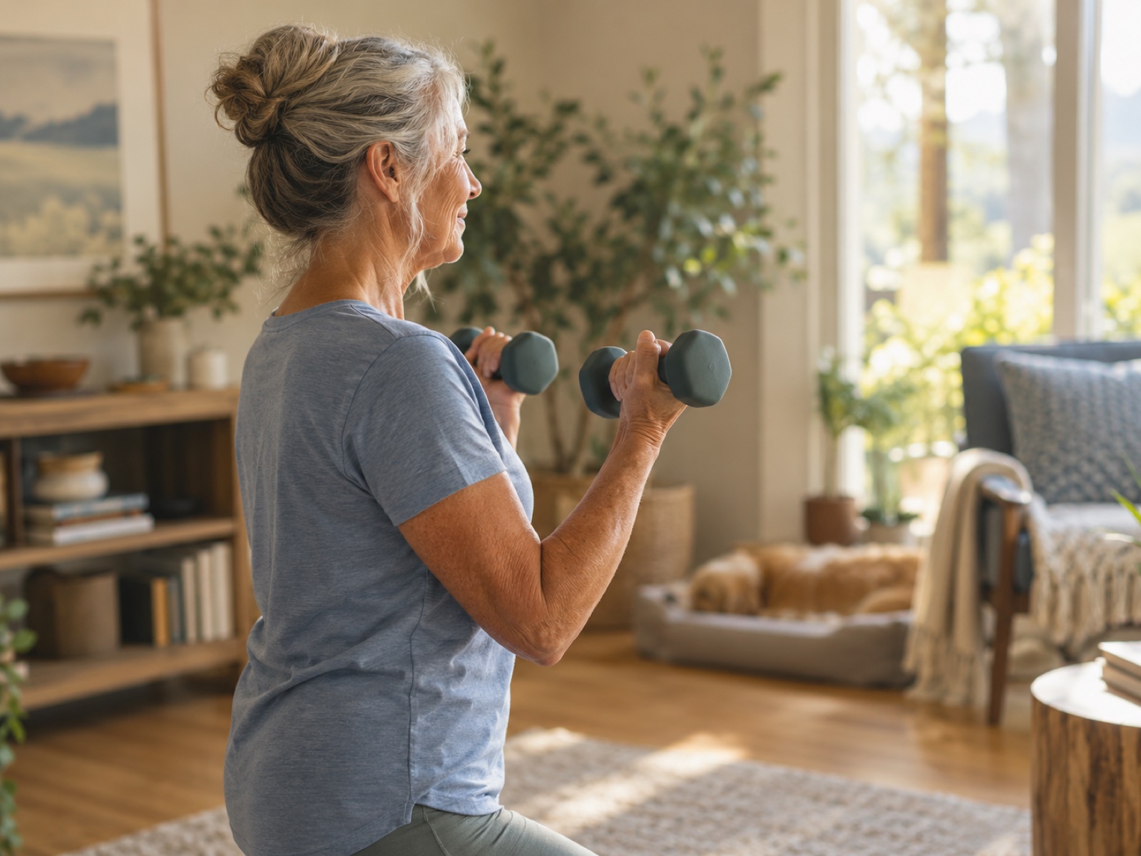 An older adult lifting light dumbbells with calm, controlled posture in a bright room.