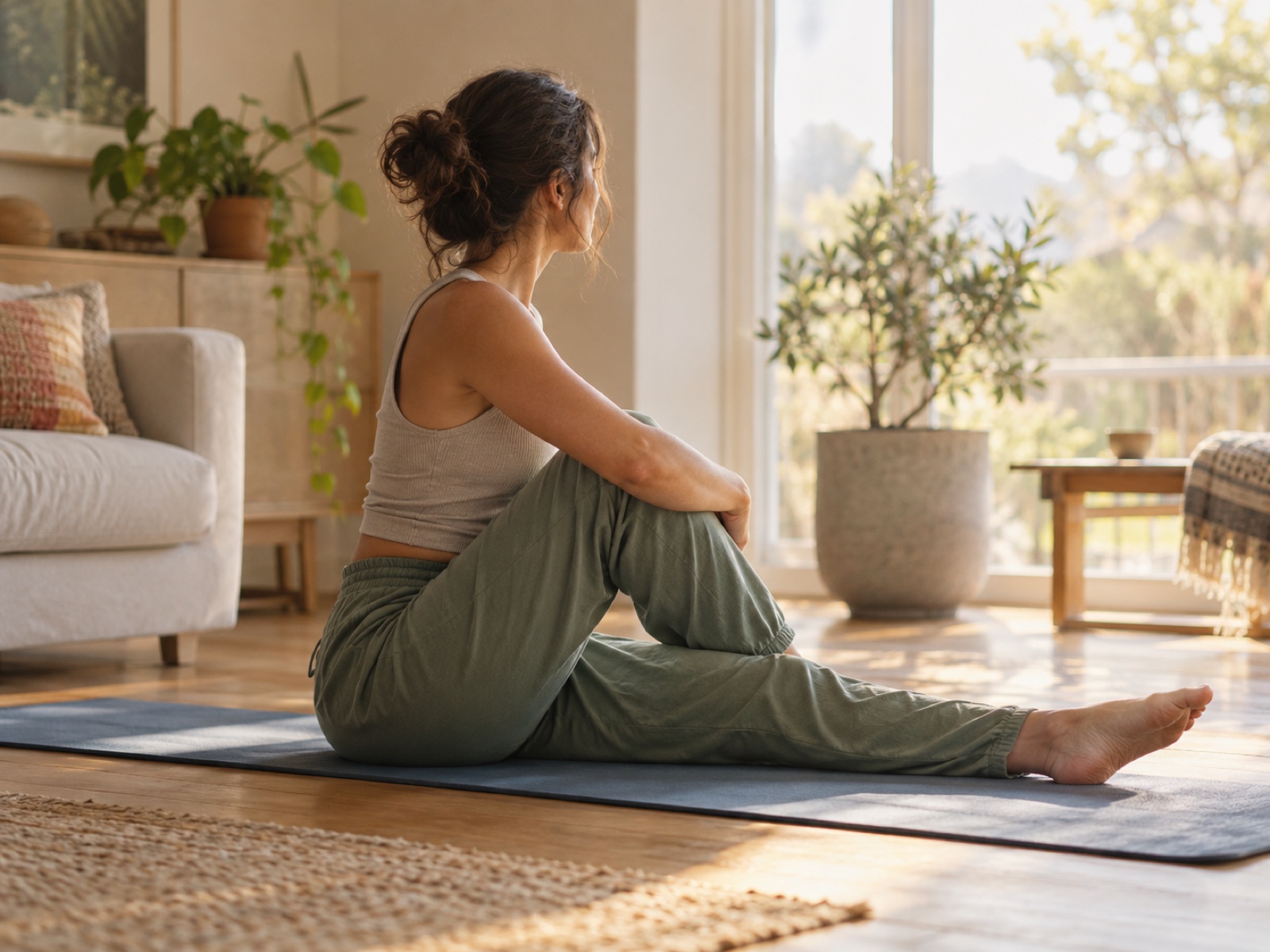 A person doing a gentle seated stretch on a mat in a sunlit room, calm and attentive.