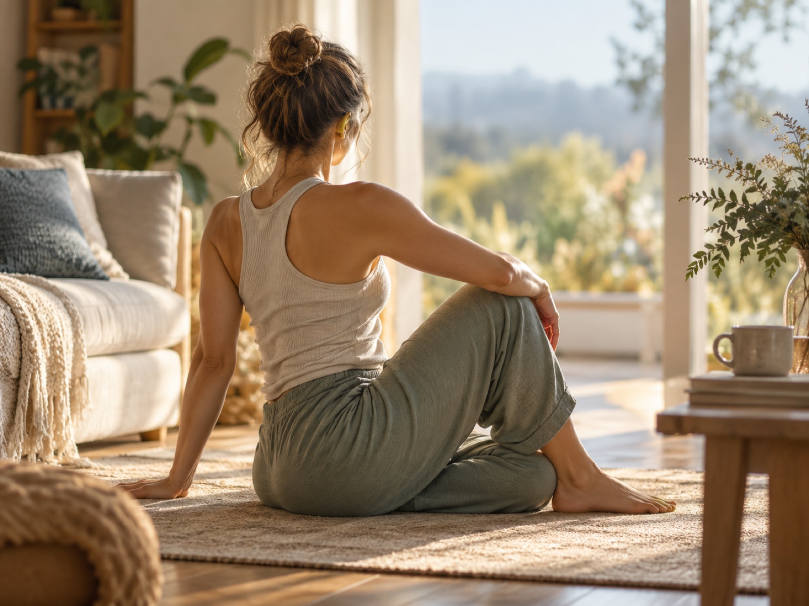 A person gently twisting at the torso in a slow stretch, soft morning light.
