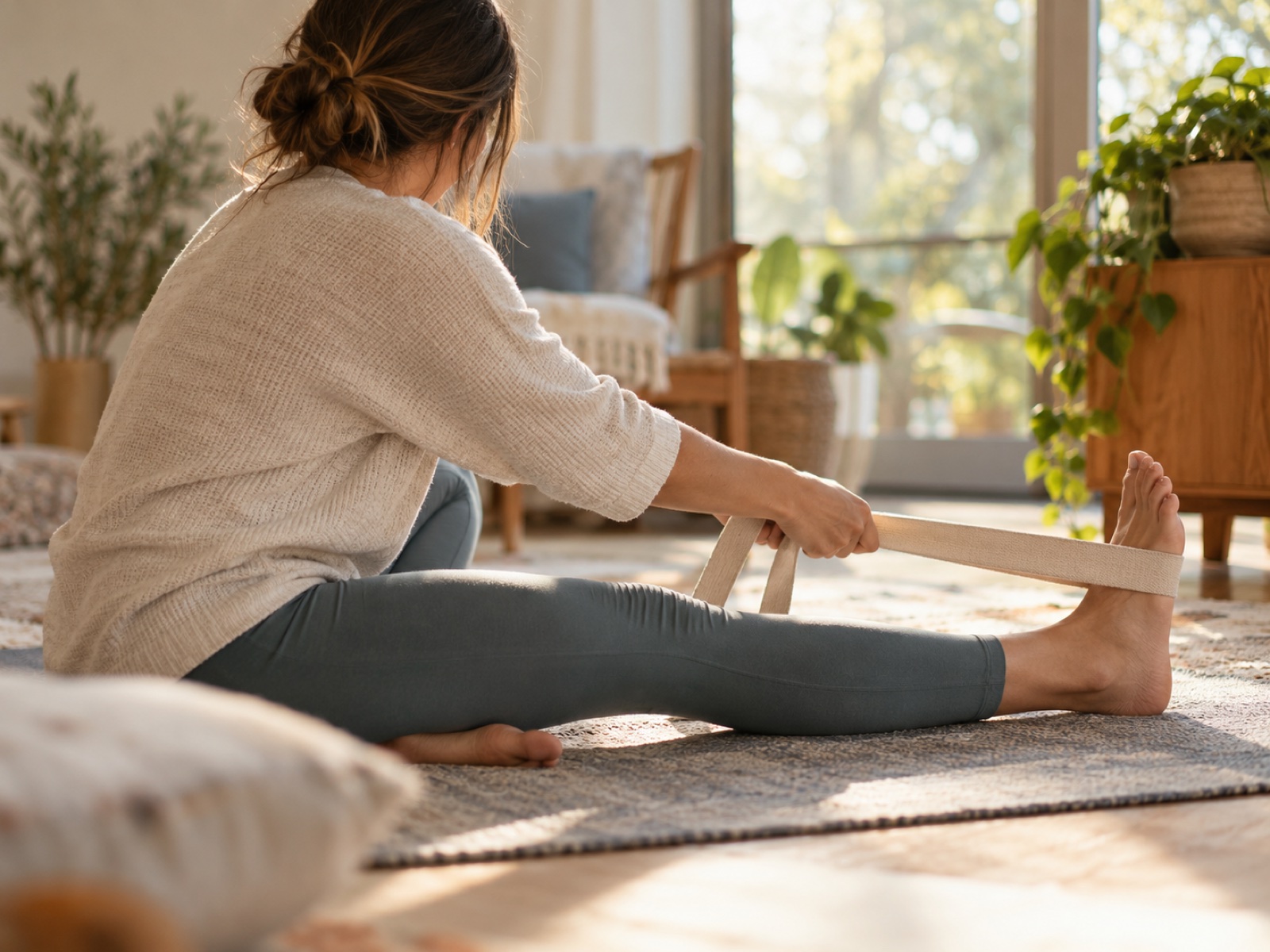 A person stretching a hamstring with a strap on the floor in a bright home room.