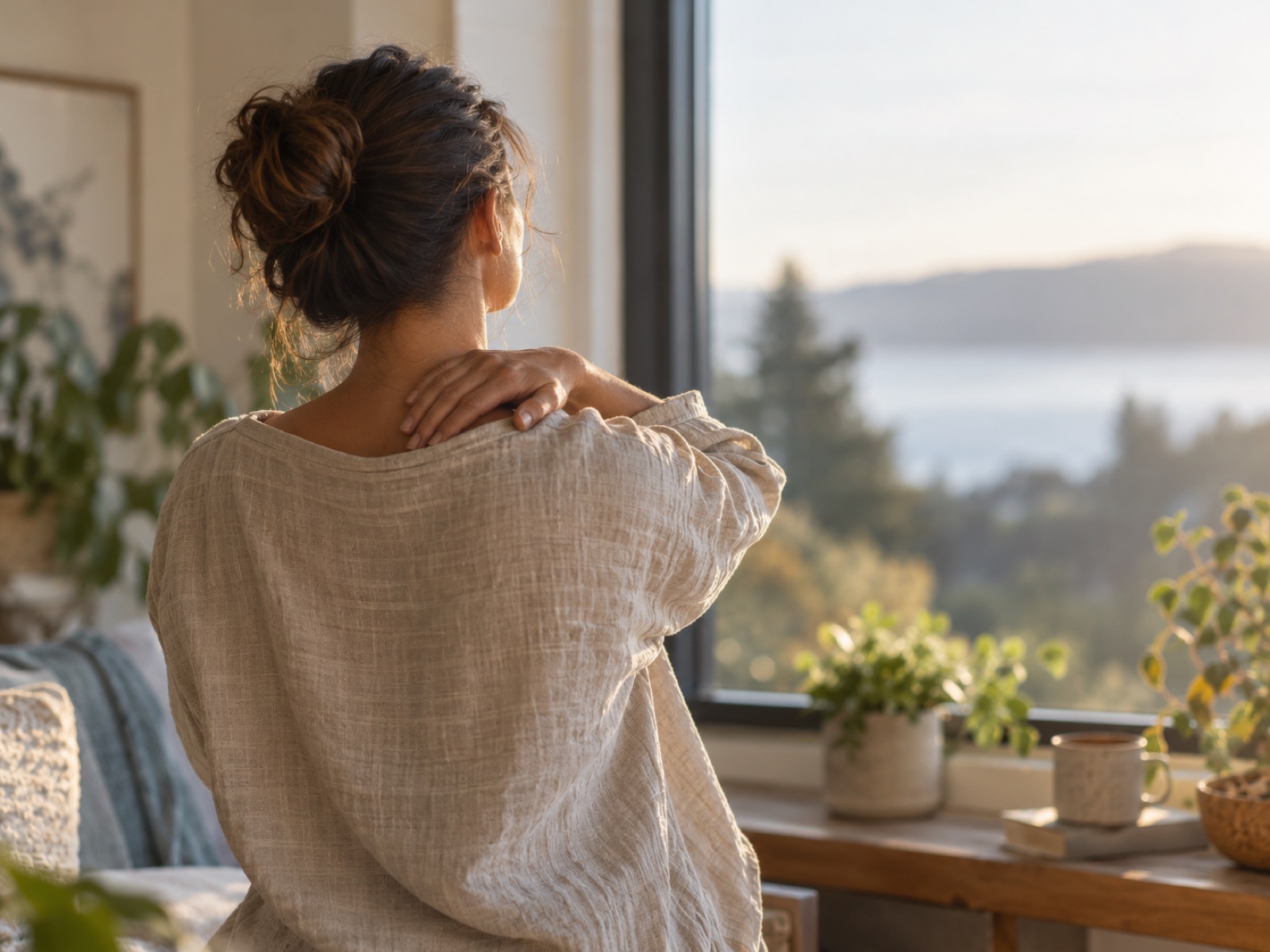 A person standing by a window with a hand resting lightly on their upper back, calm light.