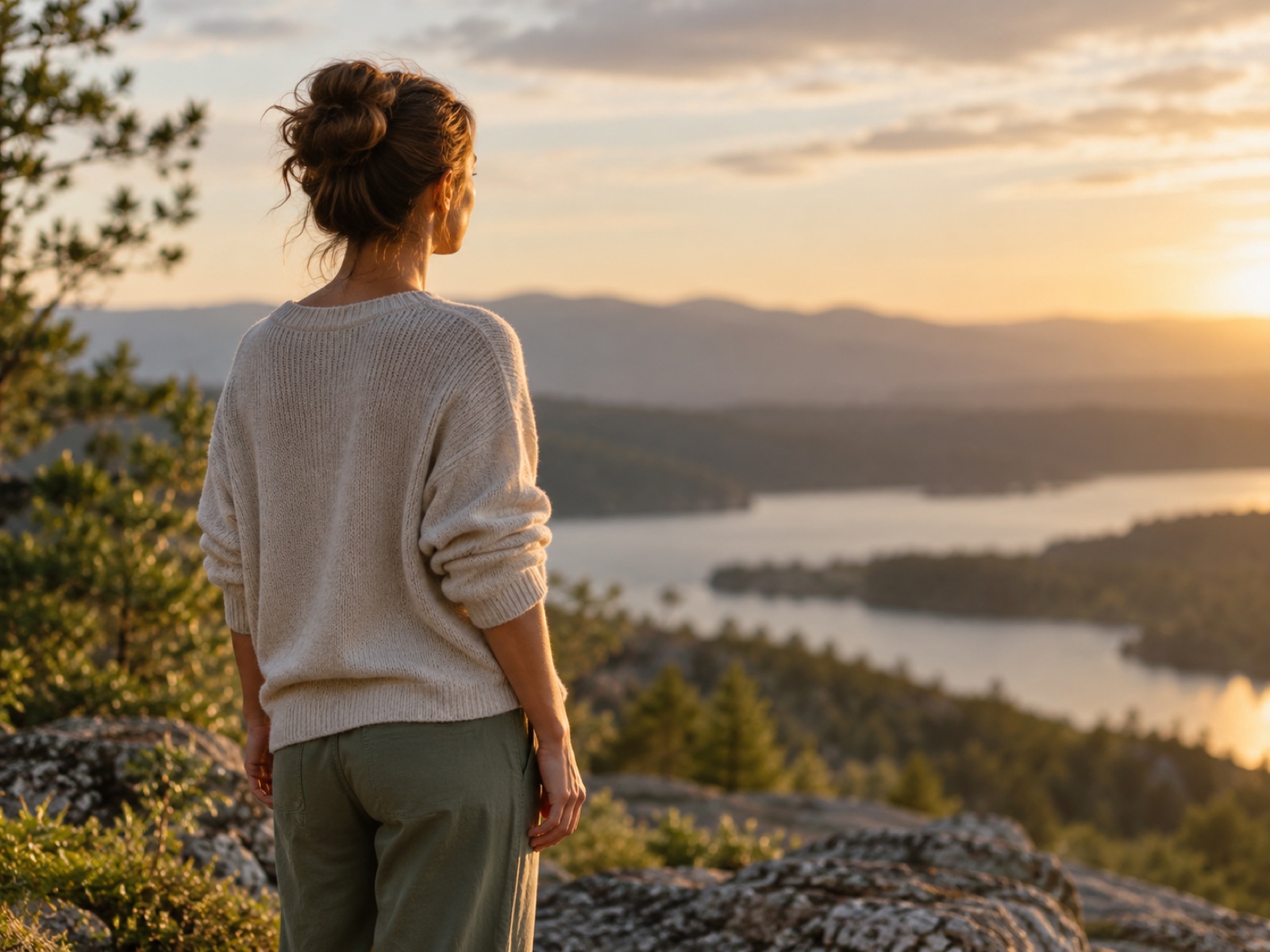 A person standing calmly with hands resting lightly at their sides, soft natural light.