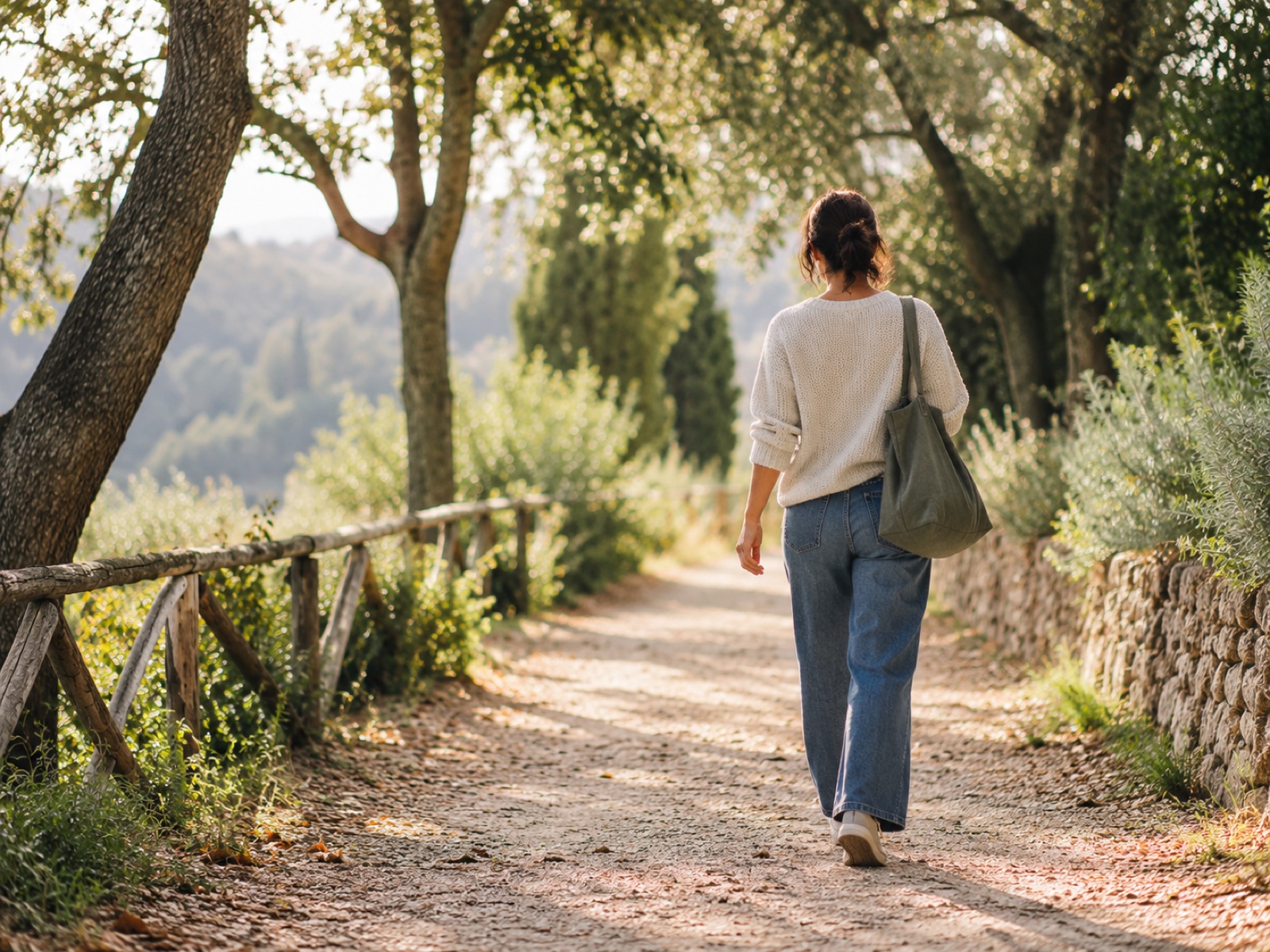 A person walking at an easy pace along a tree-lined path in soft afternoon light, seen from behind.