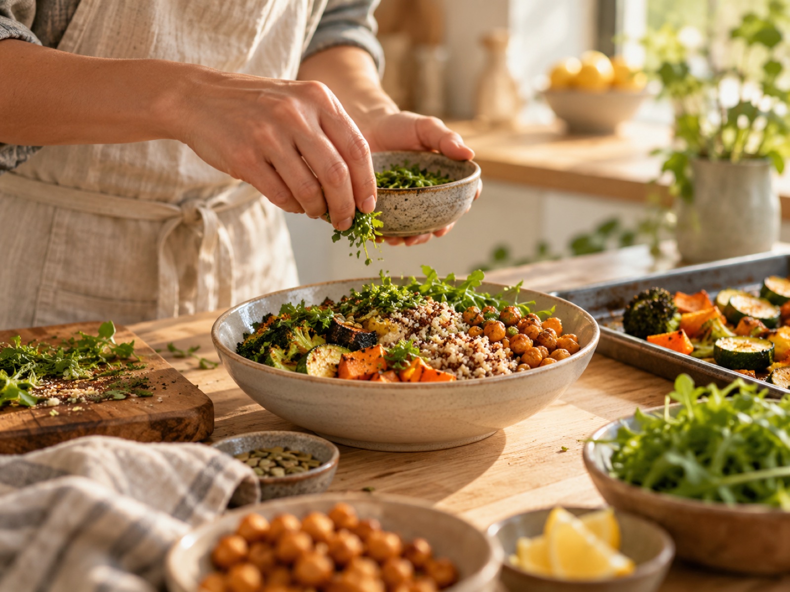 A simple, balanced meal being prepared on a sunlit kitchen counter, calm and ordinary.